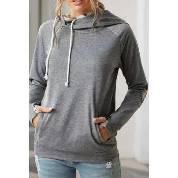 Gray Double Hooded Sweatshirt with Camo Elbow Patch and Inner Hooded 2XL - Picture 5 of 11